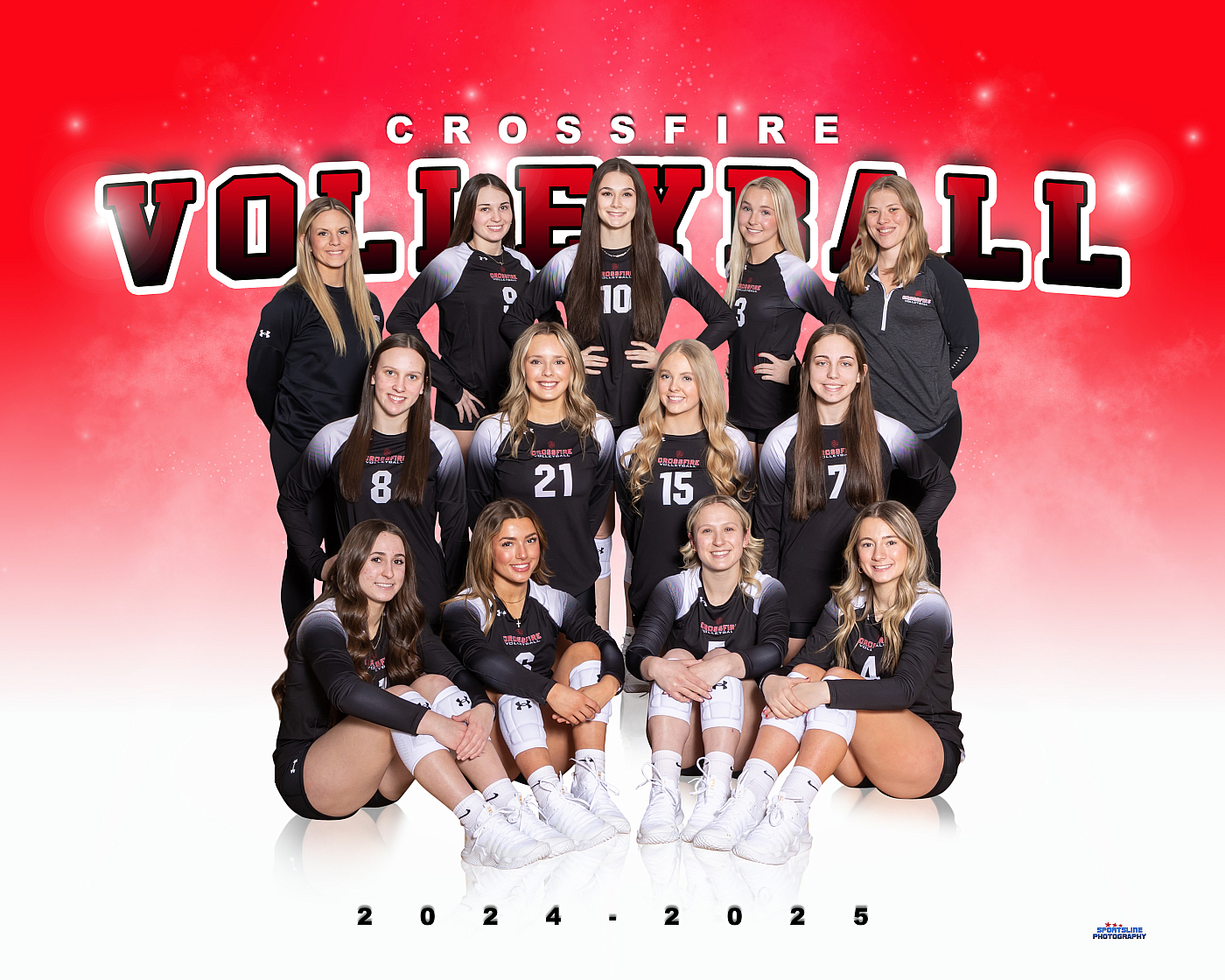 Crossfire girls' volleyball team sports portrait. Black uniforms.