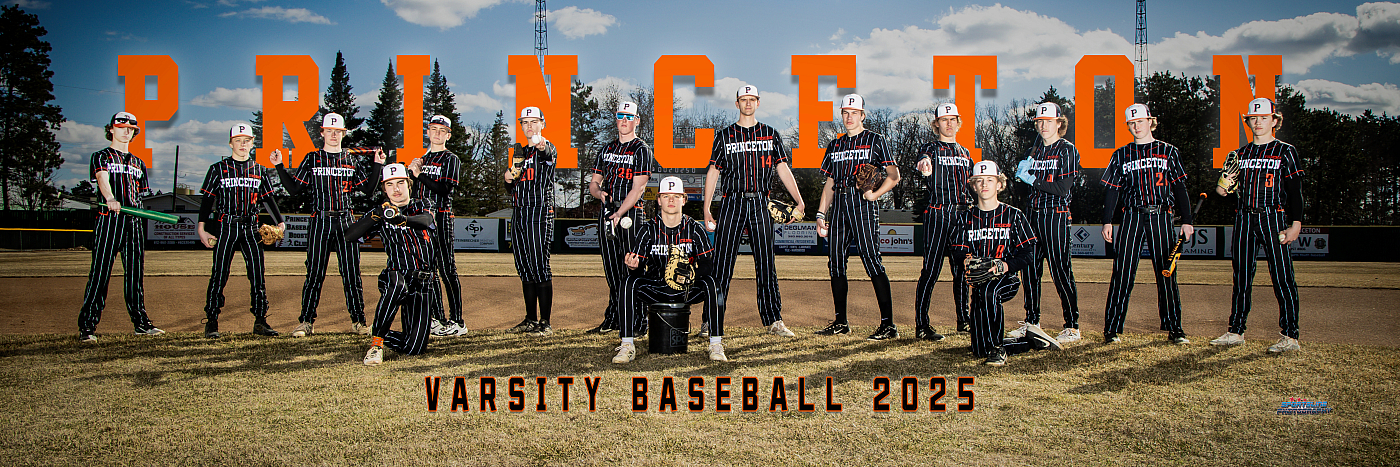 Princeton MN Varsity baseball team outdoor photo, black pinstripe uniforms.