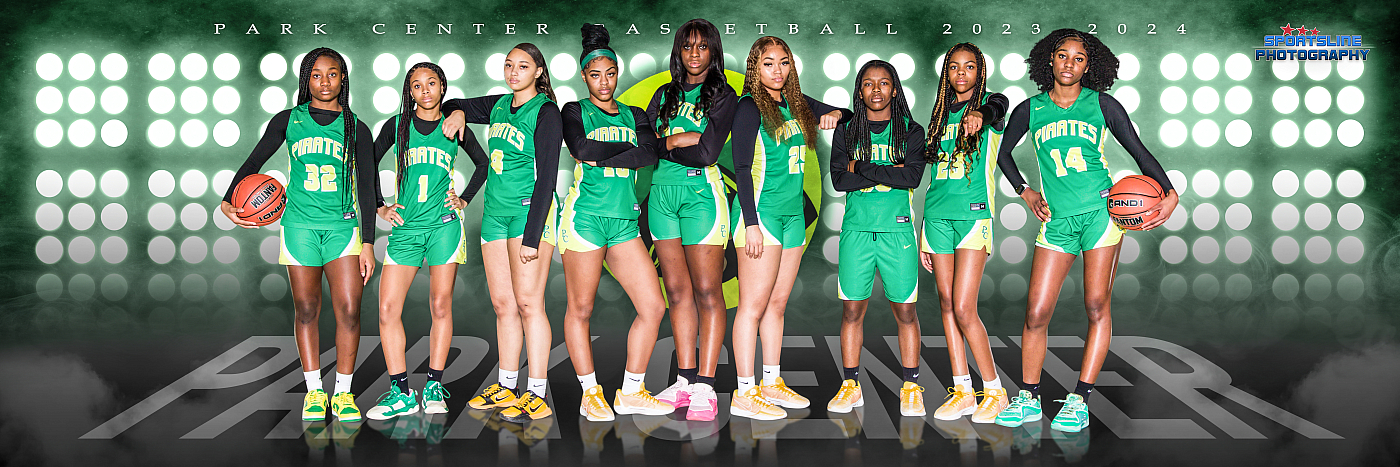 Park Center Varsity girls' basketball team sports portrait, green uniforms.