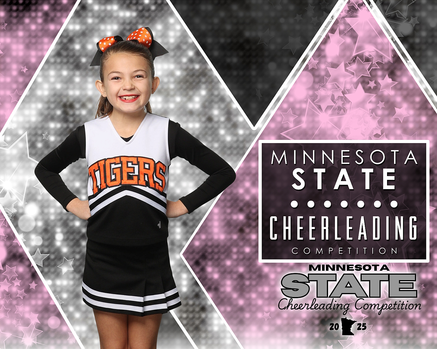 little girl cheerleader posing for sports portrait during cheerleading event, black and orange uniform