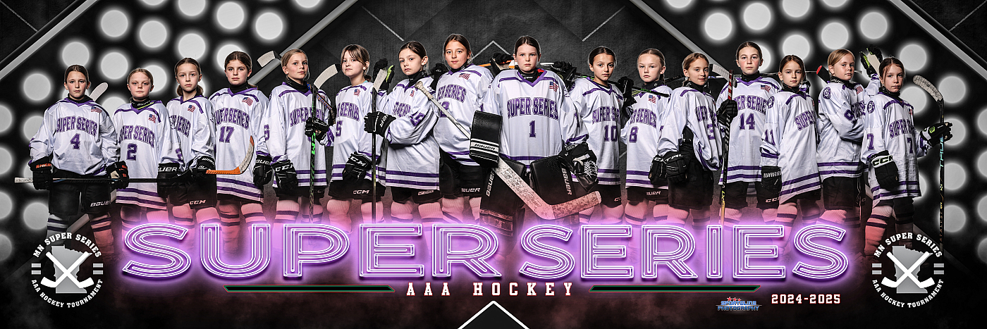 girls hockey team poster for super series white and purple uniforms black background