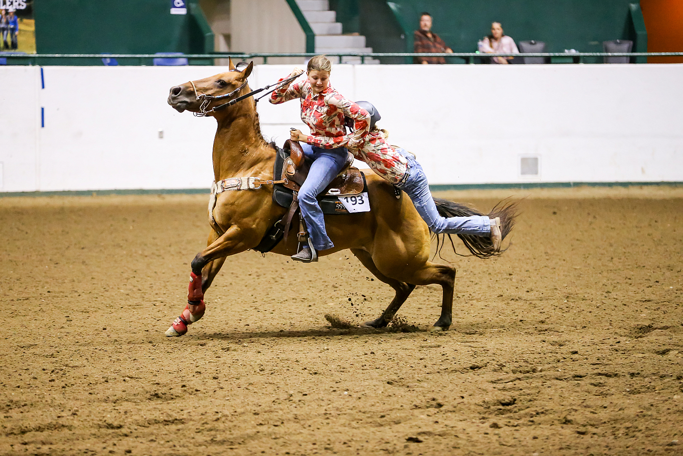 two woman on back of brown horse riding during esquestrian event
