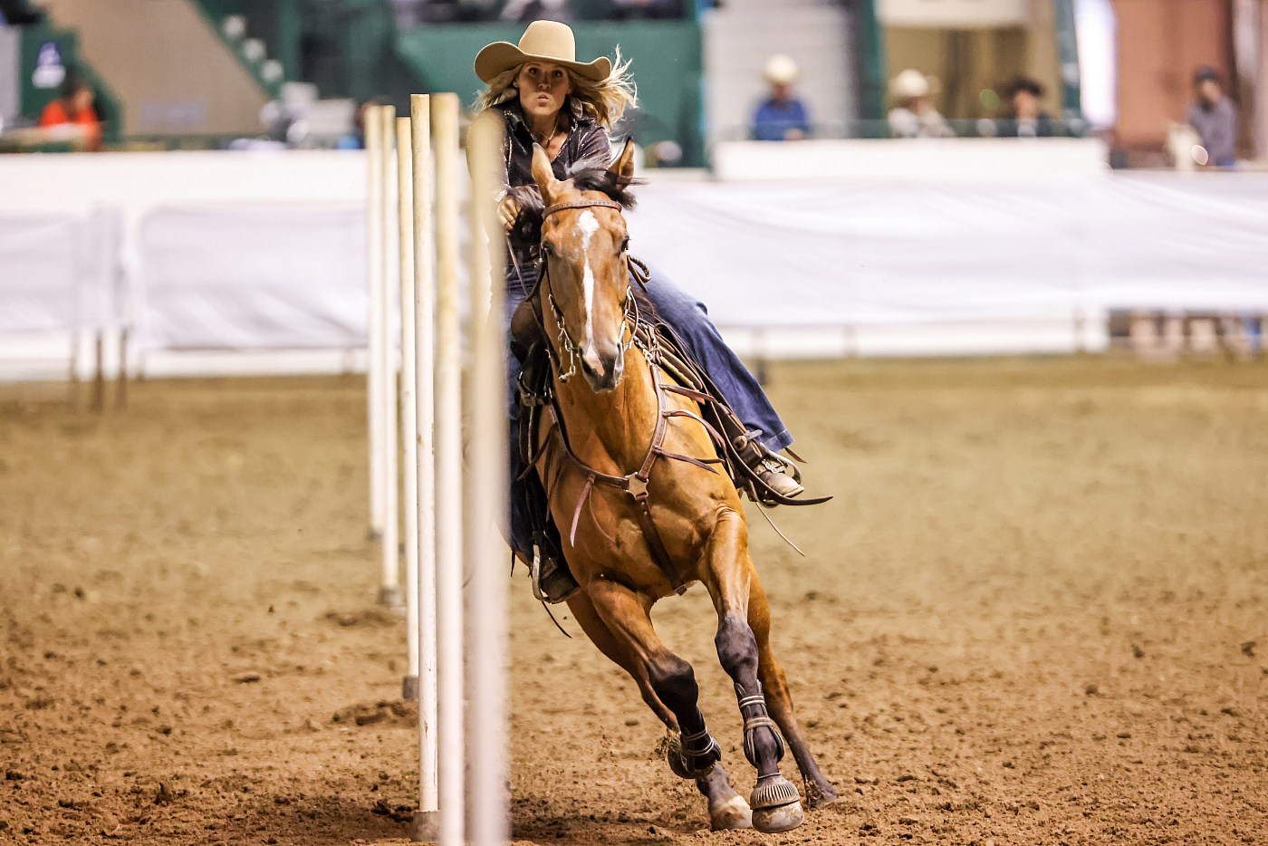 blonde woman riding brown horse through poles action shot for equestrian event